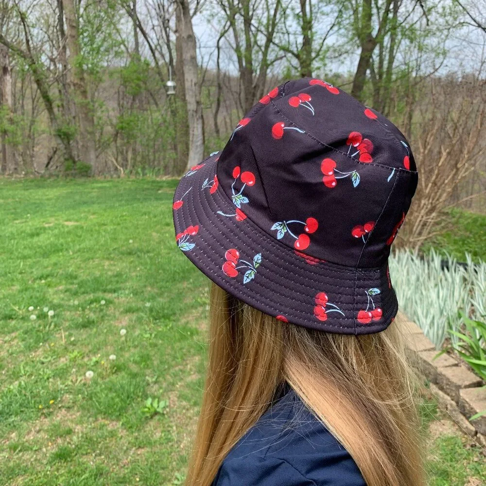 Black bucket hat with cherries